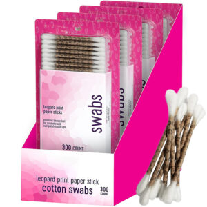 Leopard Print Paper Stick Cotton Swabs 300 Count in Blister Card Packaging