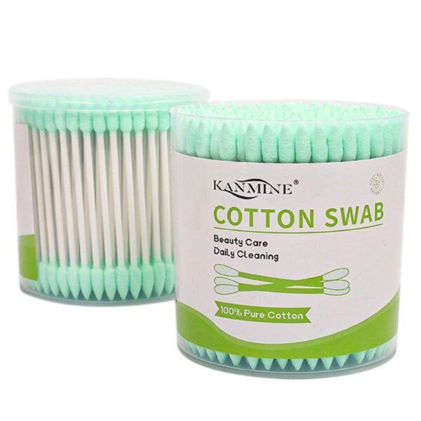 Green Pointed Tip Paper Stick Cotton Swabs 200 Count in Plastic Canister - Image 3